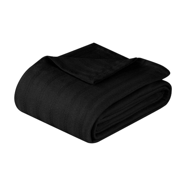 Clara Black Cotton Jacquard Dobby Weave Textured Striped Lightweight Woven Twin Blanket