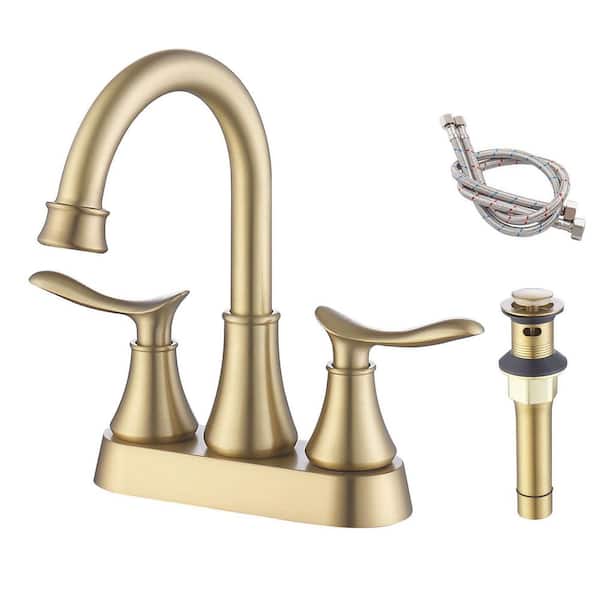 4 in. Centerset Double Handle High Arc Bathroom Sink Faucet with Pop-Up Drain and Supply Hoses in Brushed Gold