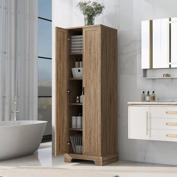 FAMYYT 23.3 in. W x 17 in. D x 71 in. H Brown Freestanding Linen Cabinet with Adjustable Shelf