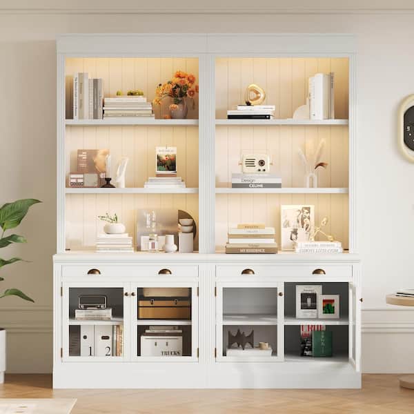 83.4 in. Tall White Solid Wood Bookcase with LED Lighting, Glass Doors and Drawers