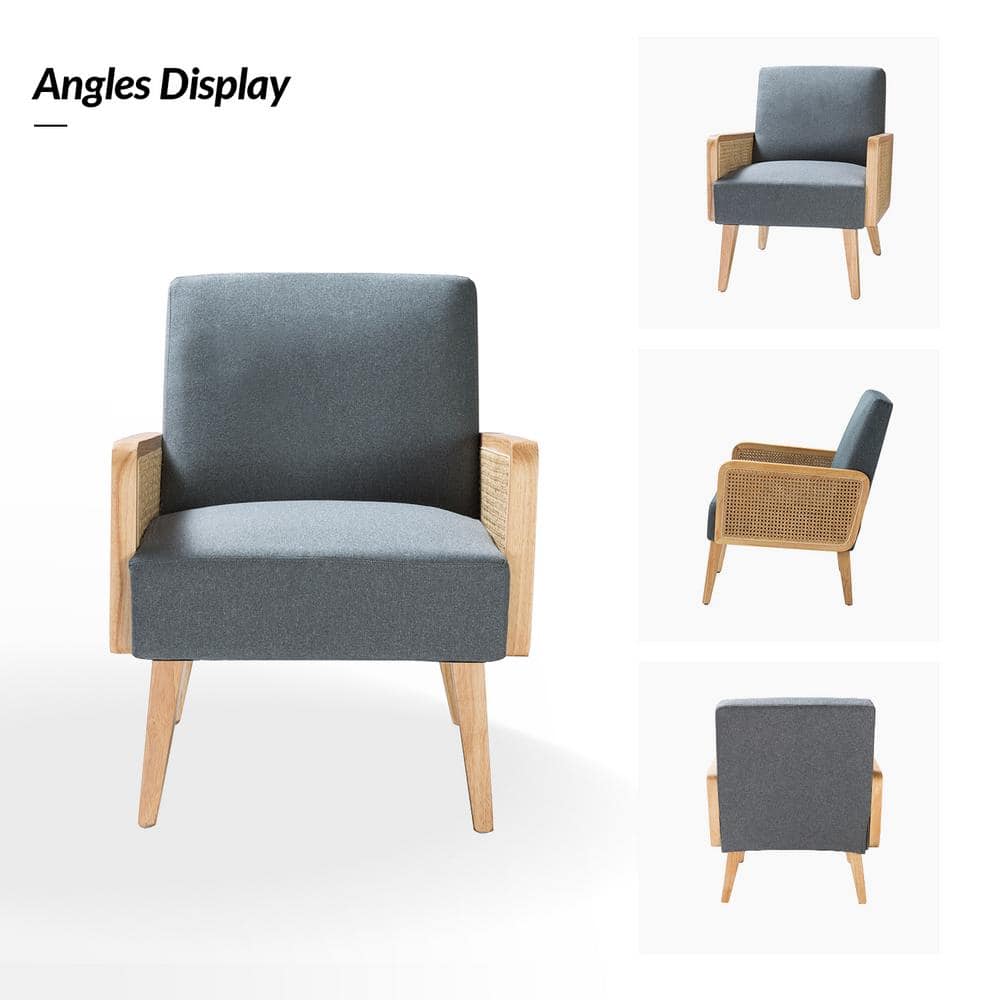 Handcrafted Blue Velvet Accent Chair with Rattan Armrests