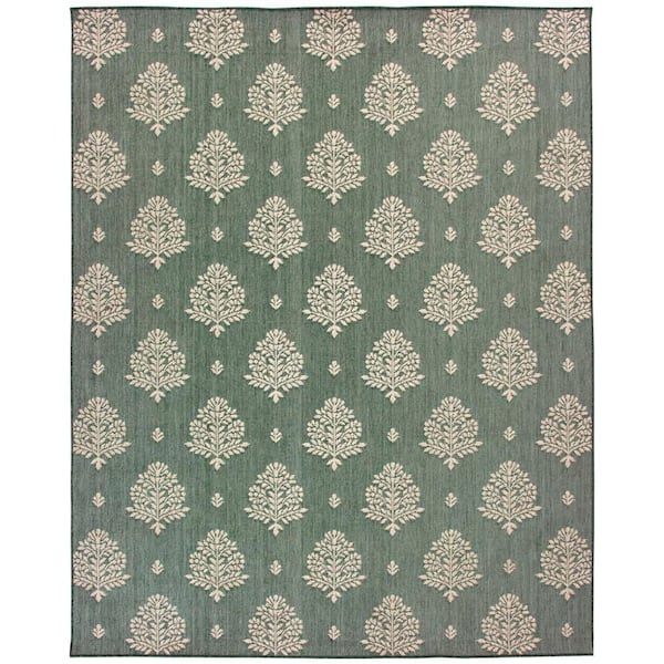 Green/White 8 ft. x 10 ft. Floral Tile Indoor/Outdoor Area Rug
