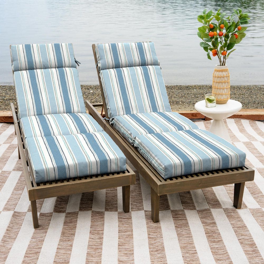 French Blue Linen Stripe Outdoor Chaise Lounge Cushion, 72 x 21