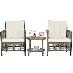 3-Piece Rattan Wicker Patio Furniture Set, White Cushioned Sofas and 2-tier Table with Acacia Wood Top
