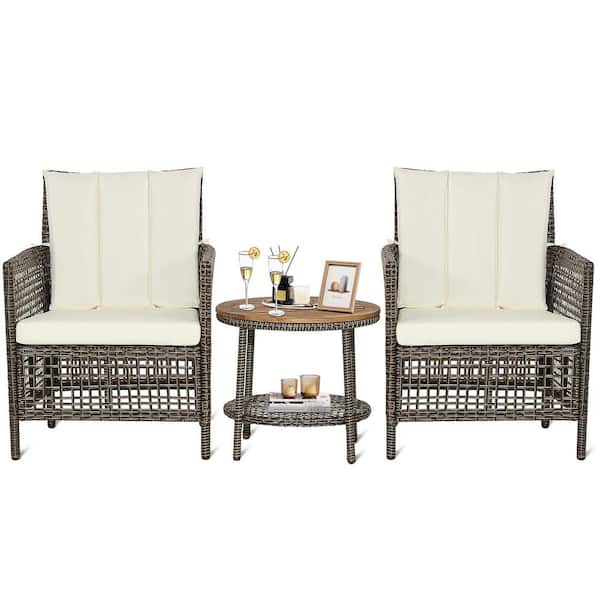 3 Pieces Patio Wicker Furniture Set with 2-Tier Side Table and Cushioned Armchairs-Natural