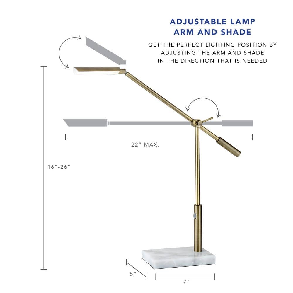 Antique Brass and White Marble Adjustable LED Desk Lamp