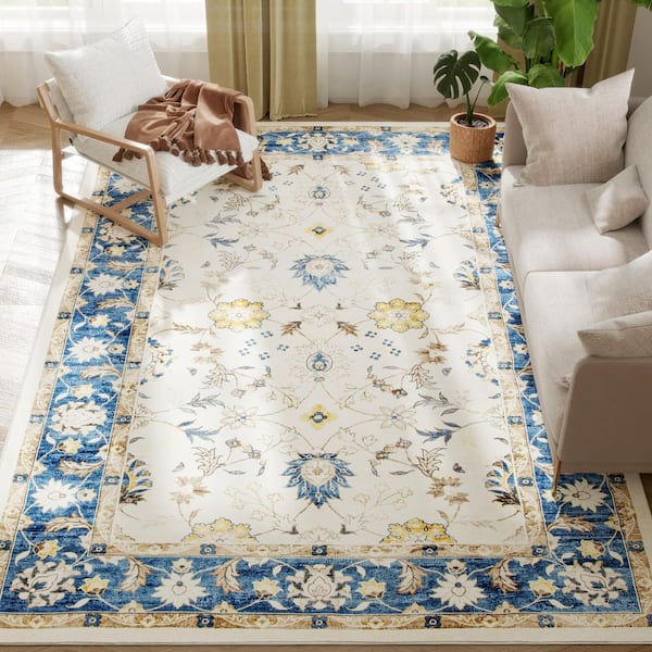 Non-Slip Boho Floor Cover Foldable Carpet 8 x 10 ft. Blue Floral Washable Area Rug Runner Rug
