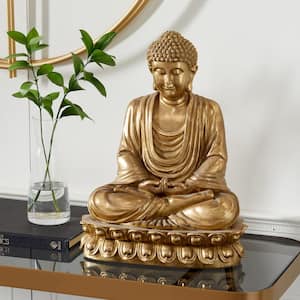 Gold Polystone Meditating Buddha Sculpture with Engraved Carvings and Relief Detailing
