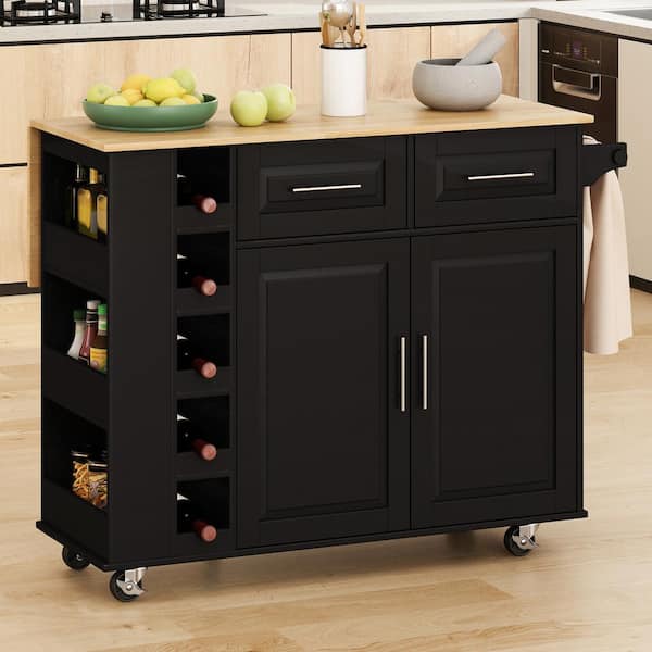 Staykiwi Black MDF Kitchen Cart with 2 Door Cabinet, Spice Rack, Drop Leaf, Towel Rack and Brown Minimalist Bar Stools