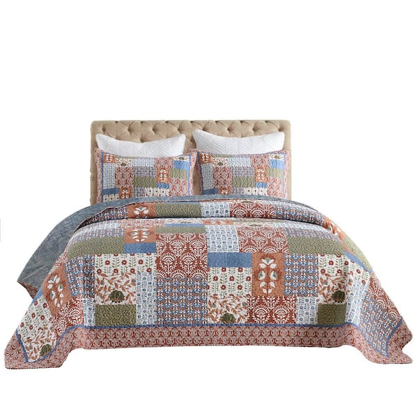 BY212 3-Pieces Boho Floral Patchwork Pattern Queen Size Polyester Quilt Bedspread Set