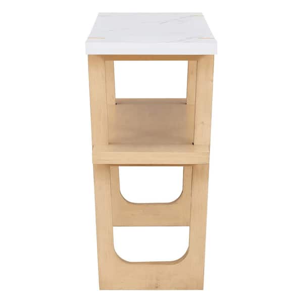Polibi 54 in. Natural Rectangle Wood Console Table with Marble-Effect Top and Versatile Storage Solutions