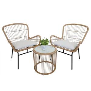 3-Piece Brown Wicker Patio Conversation Set with Beige Cushions and Glass Top Table