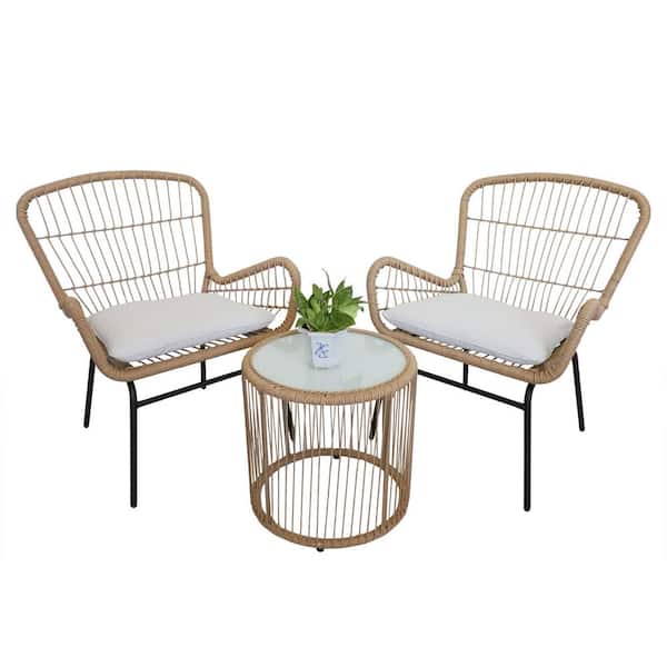 waelph 3-Piece Brown Wicker Patio Conversation Set with Beige Cushions and Glass Top Table