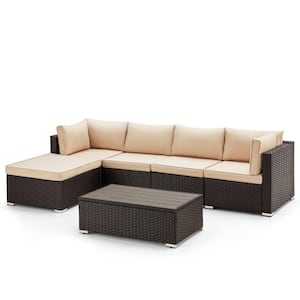 Brown 6-Piece Wicker Outdoor Patio Sectional Sofa Conversation Set with khaki Cushions, 1-Ottoman, and 1-Coffee table