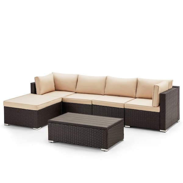 Zeus & Ruta Brown 6-Piece Wicker Outdoor Patio Sectional Sofa Conversation Set with khaki Cushions, 1-Ottoman, and 1-Coffee table