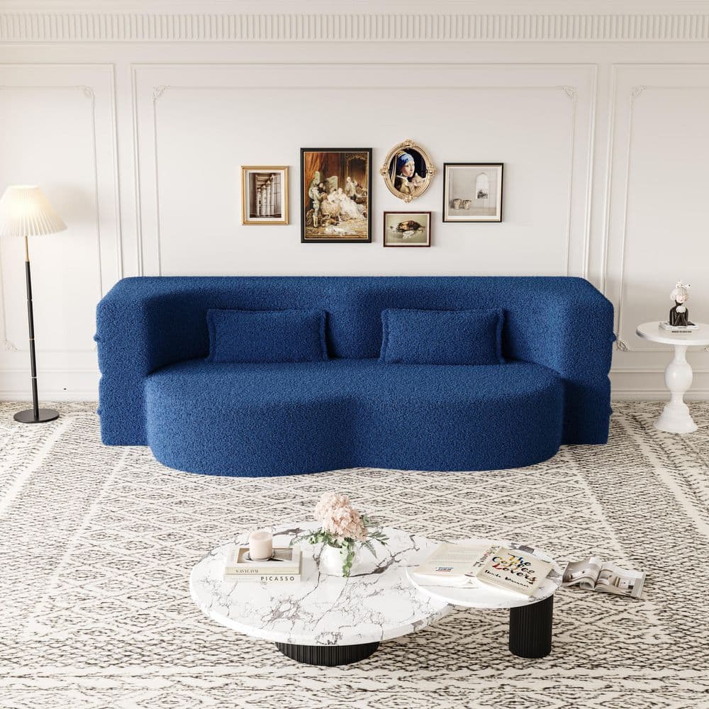 Polibi 78 in. Square Arm Teddy Sofa in Blue with 2 Pillows for