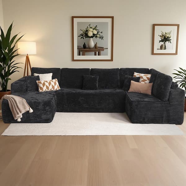VG 133 in. Wide Arm 3-Piece Modern Plush Corduroy Deep Seat U-Shape Modular Sectional Sofa in. Black with Chaise