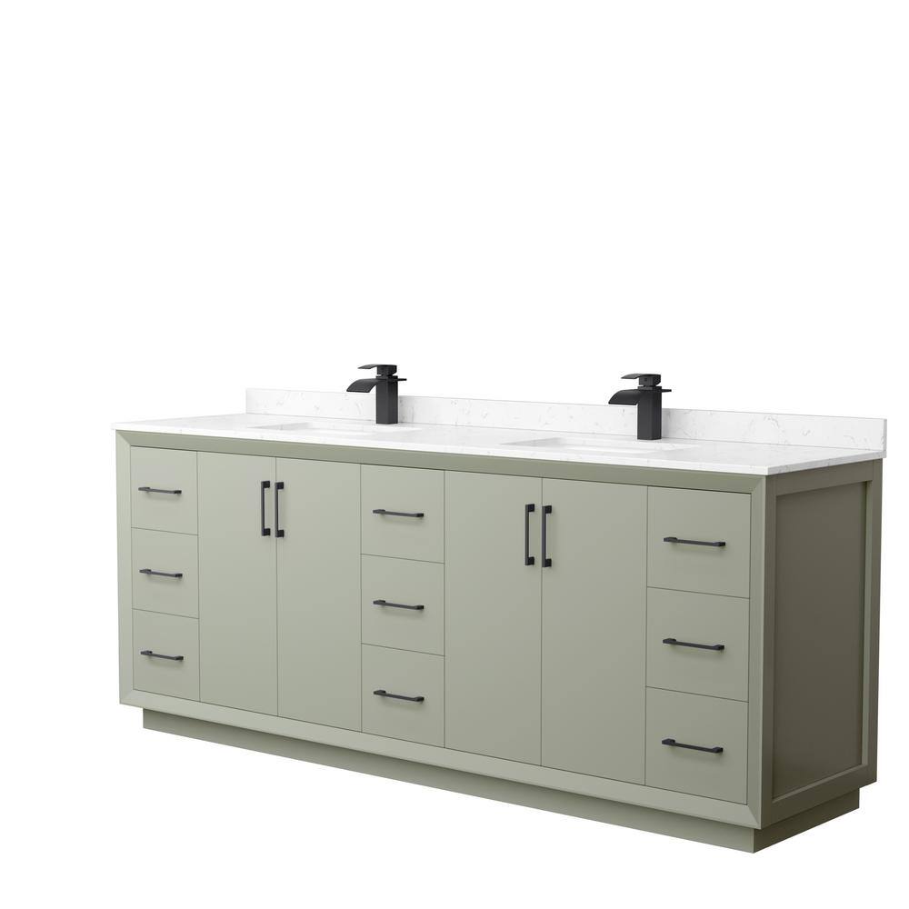 Wyndham Collection Strada 84 in. W x 22 in. D x 35 in. H Double Bath Vanity in Light Green with Carrara Cultured Marble Top, Light Green with Matte Black Trim -  WCF414184DLBC2UNSMXX