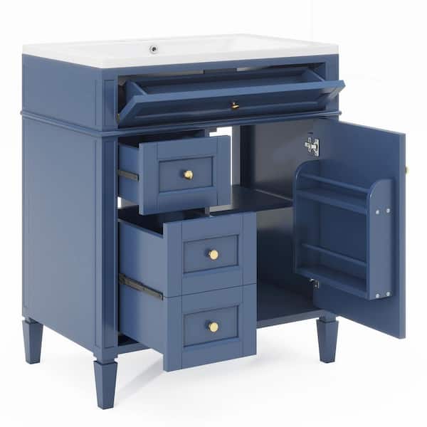 Aoibox 30 in. W x 18 in. D x 33 in. H Single Sink Freestanding Bath Vanity in Blue with White Resin Top
