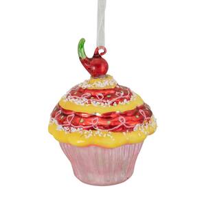 3 in. Red and Yellow Cupcake With Cherry Glass Christmas Ornament