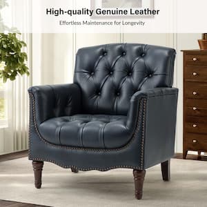 Elijah Traditional Navy Genuine Leather Button-tufted Armchair with Luxury Style and Solid Wood Legs