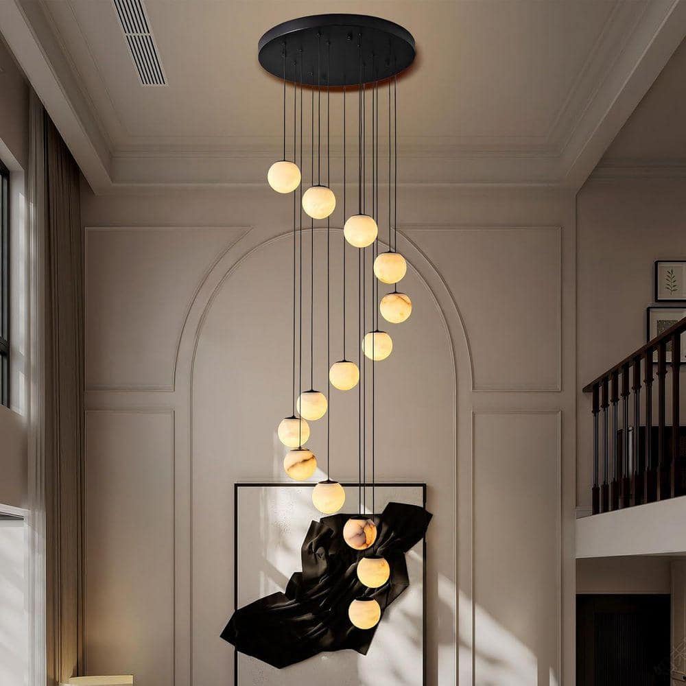 Modern 138 in. H 14-Light Black Globe Staircase Chandelier, Natural Alabaster Chandelier for High Ceiling, Foyer, Entry price history on PriceWatchPro