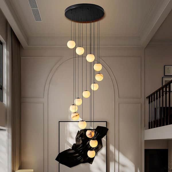 Gleam Flare Modern 138 in. H 14-Light Black Globe Staircase Chandelier, Natural Alabaster Chandelier for High Ceiling, Foyer, Entry