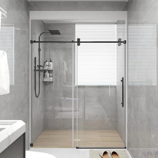 60 in. W x 76 in. H Single Sliding Frameless Shower Door in Matte Black with Clear 3/8 in. Glass
