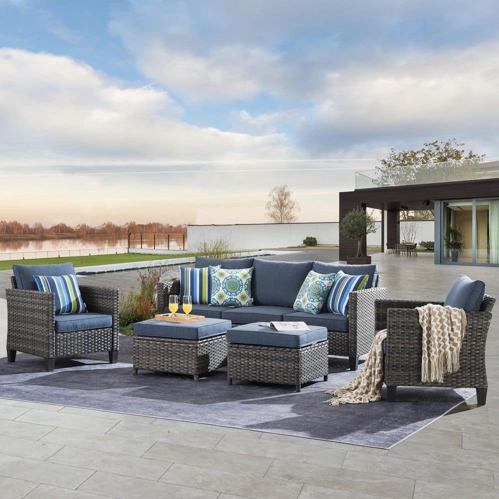 Jupiter Gray 5-Piece Wicker Outdoor Patio Conversation Seating Sofa Set with Denim Blue Cushions price history on PriceWatchPro
