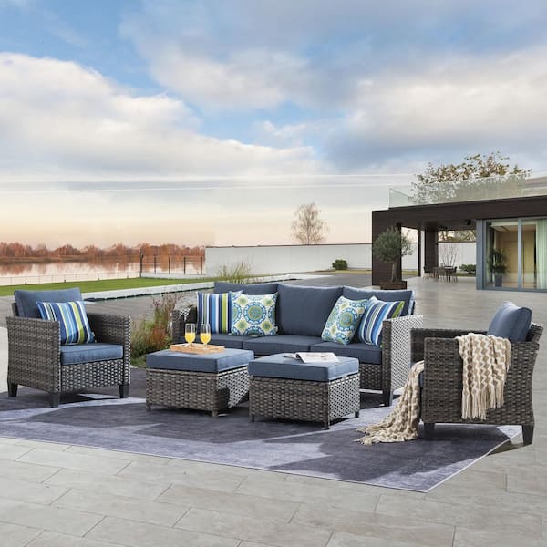 XIZZI Jupiter Gray 5-Piece Wicker Outdoor Patio Conversation Seating Sofa Set with Denim Blue Cushions