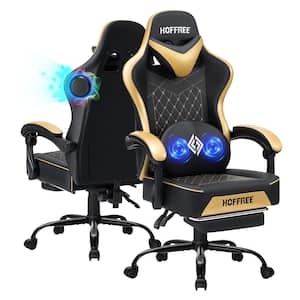 Faux Leather Bluetooth Speakers Ergonomic Gaming Chair in Gold with Vibration Lumbar Pillow