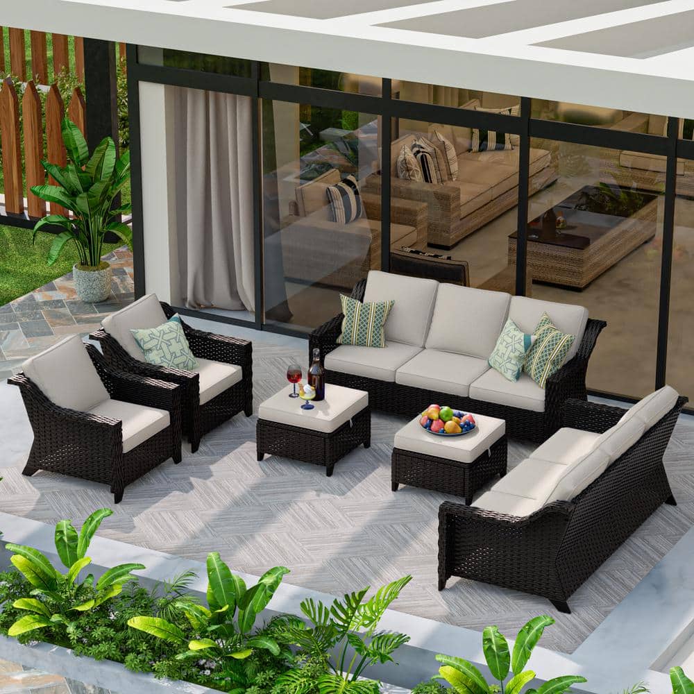 Brown Wicker 6-Piece Outdoor Patio Conversation Set with Beige Cushions and 2-Ottomans price history on PriceWatchPro