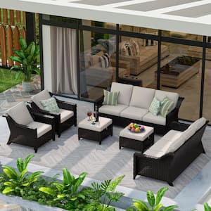 Brown Wicker 6-Piece Outdoor Patio Conversation Set with Beige Cushions and 2-Ottomans