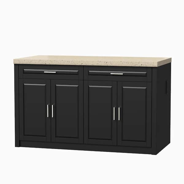 Black Finish Wood Top 61 in. Kitchen Island with Adjustable Shelves, Storage Drawers, Built-in Power Outlets