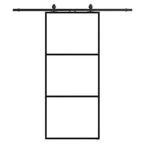 30 in. W. x 84 in. Full-lite Tempered Clear Glass Black Metal Frame Interior Sliding Barn Door with Hardware kit