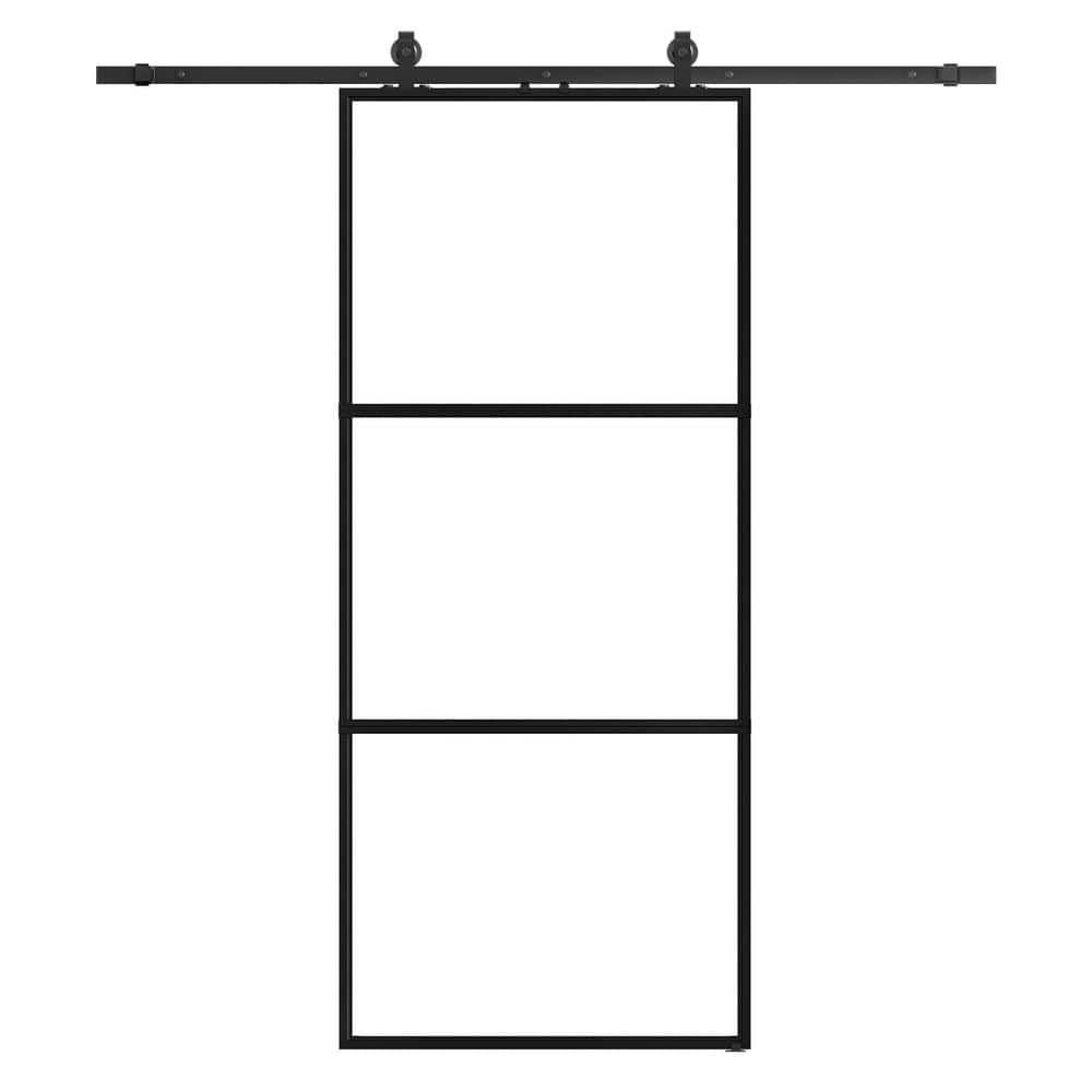30 in. W. x 84 in. Full-lite Tempered Clear Glass Black Metal Frame Interio