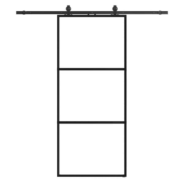 SOCBAZZAR 32 in. W. x 84 in. Full-lite Tempered Clear Glass Black Metal Frame Interior Sliding Barn Door with Hardware kit