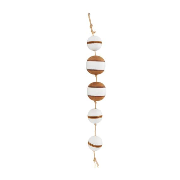 Litton Lane 8 in. x 13 in. Wood Brown Handmade Distressed Striped 6 Strung Buoy Wall Decor with Hanging Rope