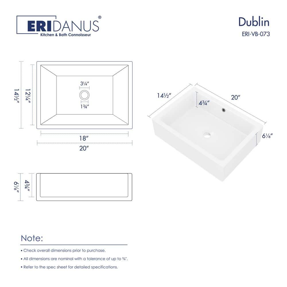Dublin 20" x 15" White Ceramic Rectangular Vessel Sink with Overflow