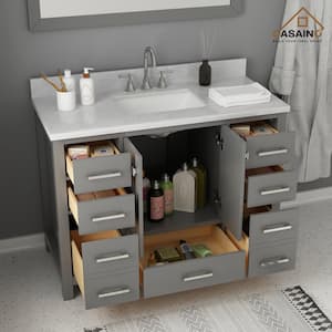 48 in. W x 22 in. D x 35.4 in. H Single Sink Solid Wood Bath Vanity in Gray with White Natural Marble Top and Basin