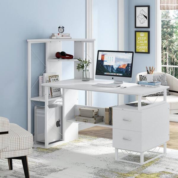 computer desk with tower shelf and drawers