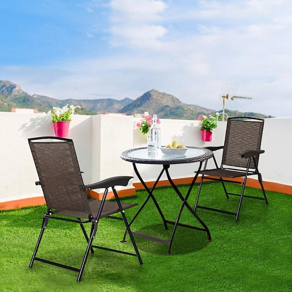 Folding Sling Metal Patio Armrest Adjustable Outdoor Lounge Chair in Brown (2-Pack)