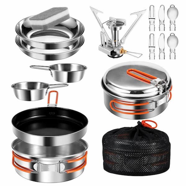 10-Piece Stainless Steel Nonstick Camping Cookware Set with Stove Plates Bowls Utensils in Silver