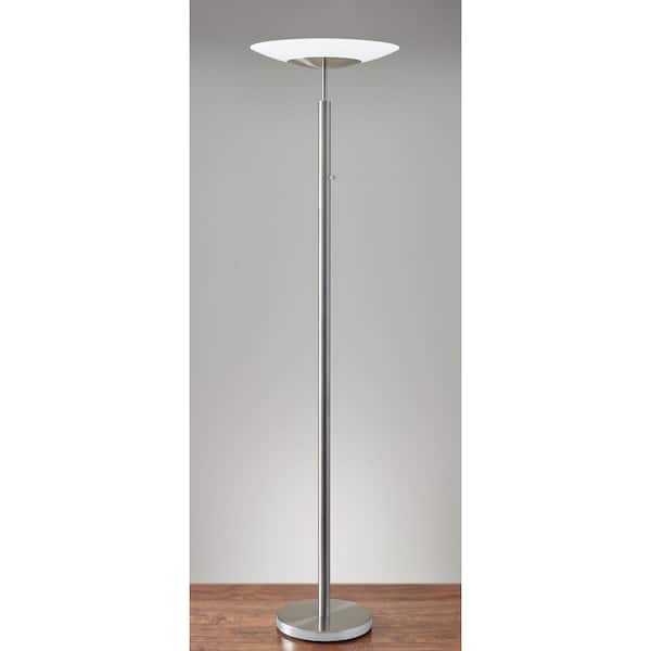 HomeRoots 72 in. Silver Brushed Steel Metal Thick Pole with Wide Disc Shade Torchiere Floor Lamp