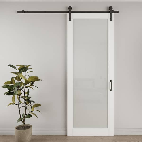 36 in. x 96 in. 1-Lite Tempered Frosted Glass White Primed MDF Composite Sliding Barn Door with Hardware Kit