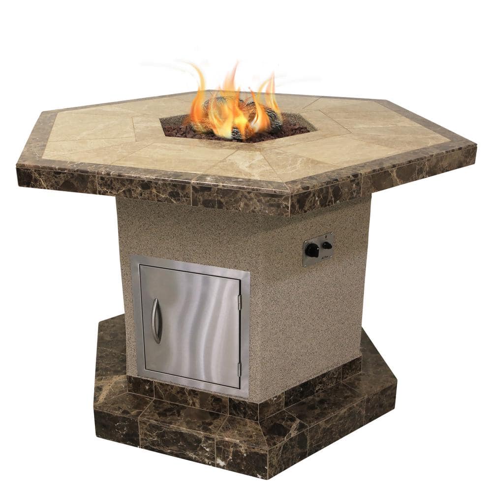 Cal Flame Stucco and Tile Dining Height Square Propane Gas Fire Pit with  Log Set and Lava Rocks FPT-H1050T-1