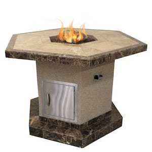 Stucco and Tile Dining Height Square Propane Gas Fire Pit with Log Set and Lava Rocks