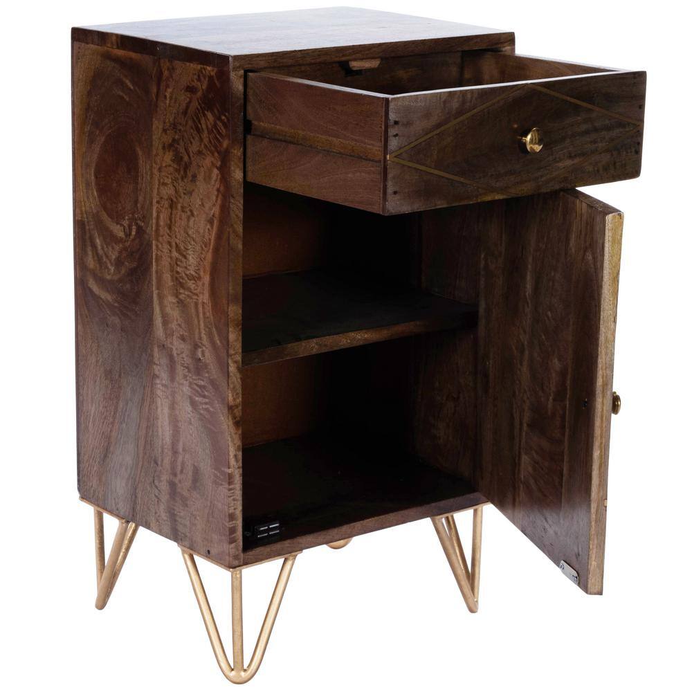 Alda Mango Wood and Brass Inlay Chairside Chest with Storage