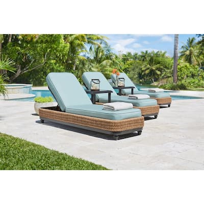 Camden Seagrass Light Brown Wicker Outdoor Patio Chaise Lounge with Sunbrella Cast Spa Cushions