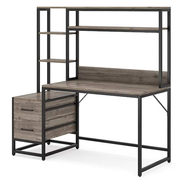 BYBLIGHT Capen 55 in. Rectangular Gray Engineered Wood 2-Drawer Computer Desk Corner Office Desk with Storage Shelves and Hutch
